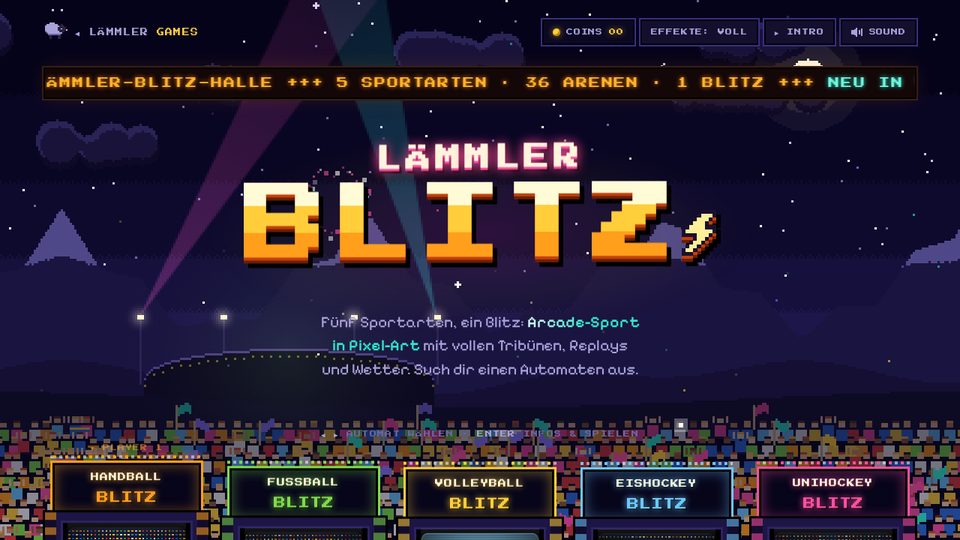 Lämmler Blitz: Arcade-Halle mit Logo und Spielautomaten