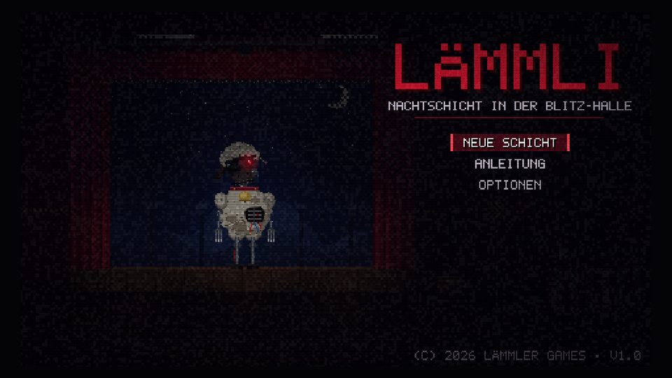 Lämmli Nachtschicht: Titelbild mit dem kaputten Animatronic-Schaf auf der Bühne