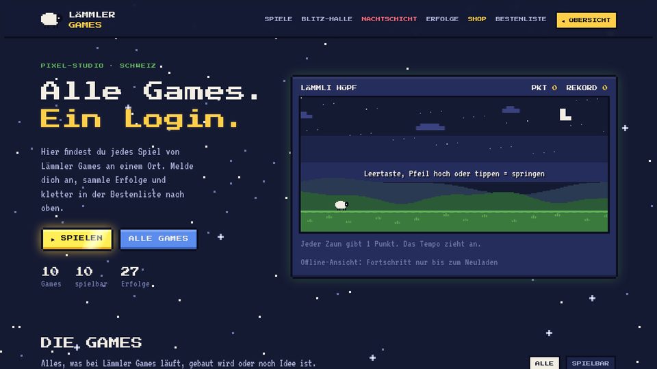 Startseite von Lämmler Games mit dem Spiel Lämmli Hüpf