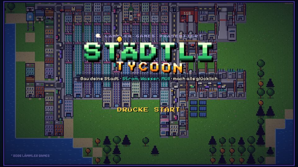 Städtli Tycoon: Titelbild über einer Pixel-Stadt
